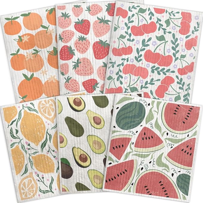 Swedish Dishcloths for Kitchen – 6 Pack Cellulose Reusable Cleaning Paper Towels – Soft, Quick-Drying, Washable Dish Rags for Kitchen, Counters & More (Fruit)