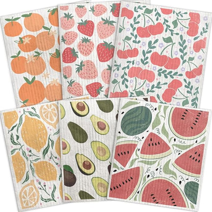 Swedish Dishcloths for Kitchen – 6 Pack Cellulose Reusable Cleaning Paper Towels – Soft, Quick-Drying, Washable Dish Rags for Kitchen, Counters & More (Fruit)