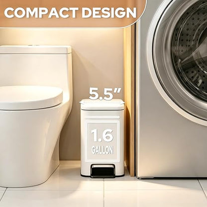 Small Bathroom Trash Can w/Lid Soft Close, 6 Liter/1.6 Gallon Stainless Steel Garbage Can w/Inner Bucket, Trash Bin Waste Basket for Kitchen, Bedroom, Living Room, Office, Toilet, White