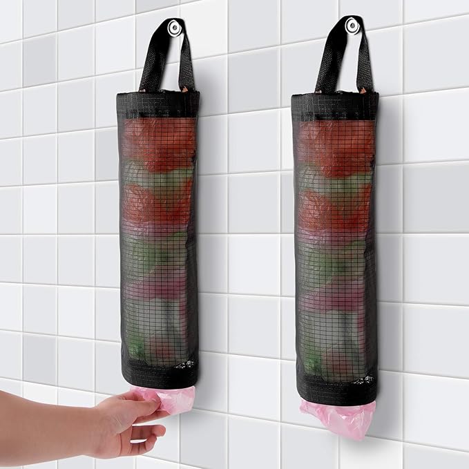 Hanging Folding Mesh Garbage Bag Organizer Trash Bags Holder Recycling Containers Plastic Waste Bag Storage for Kitchen With Adhesive wall hooks (Black)-2pcs