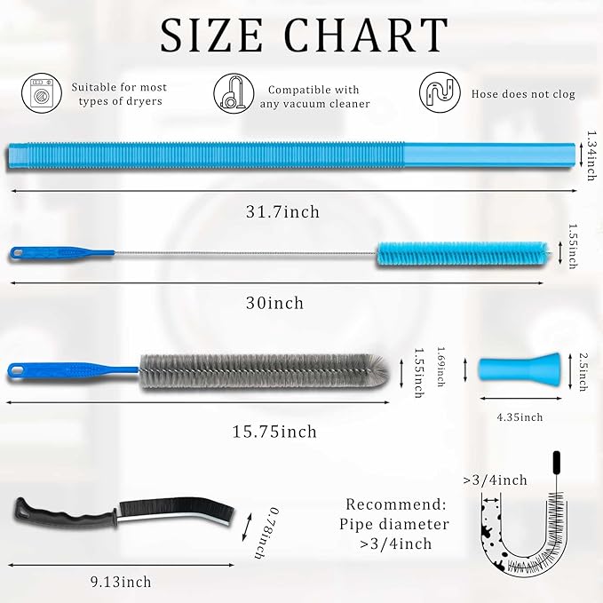 Dryer Vent Cleaner Kit - Compatible Universal Vacuum Attachment Hose with Most Vacuum Cleaner, Dryer Lint Cleaner Kit and Cleaning Brush Tools for Efficient Dryer Vent Hose Maintenance (Gray)