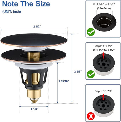 Universal 3-in-1 Bathroom Sink Stopper - Pop Up Sink Drain Stopper, Push Button Sink Drain Stopper Replacement, Wash Basin Drain Filter Plug with Anti-Clogging Strainer, Oil Rubbed Bronze