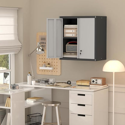 Garage Storage Cabinet,Locking Wall Cabinet with Adjustable Shelf,Wall Cabinets for Basement,Shop,School,Grey-Black