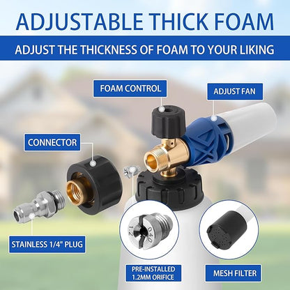 High Pressure Foam Cannon for Car Wash,Snow Foam Lance, Adjustable Thick Foam, 1.2MM Orifice, Wide Mouth Bottle 1/4 Quick Connector