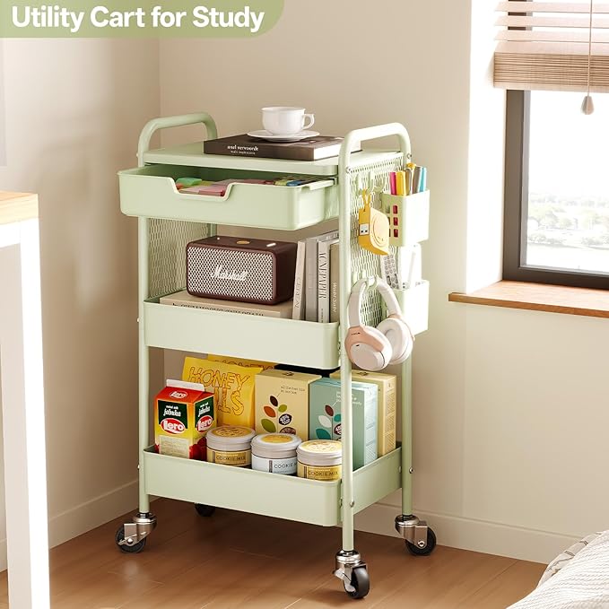 Rolling cart with Drawers - 3 Tier Metal Multifunctional Storage Organizors on Wheels with Tabletop, Hooks & Basket, Sturdy Craft & Art Cart for Bathroom, Bedroom, Children Room, Green