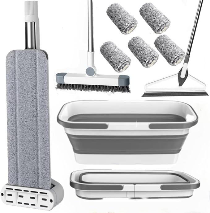 Microfiber Mop Bucket Set, Flat Mop with Bucket, Floor Brush & Glass Squeegee Included, Wet Dry Cleaning System with 6 Washable Pads (1 Mop+6 Microfiber Pads+1 Bucket+1 Floor Brush+1 Glass Wiper)