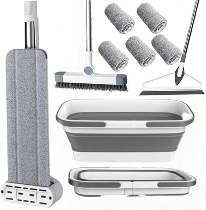 Microfiber Mop Bucket Set, Flat Mop with Bucket, Floor Brush & Glass Squeegee Included, Wet Dry Cleaning System with 6 Washable Pads (1 Mop+6 Microfiber Pads+1 Bucket+1 Floor Brush+1 Glass Wiper)