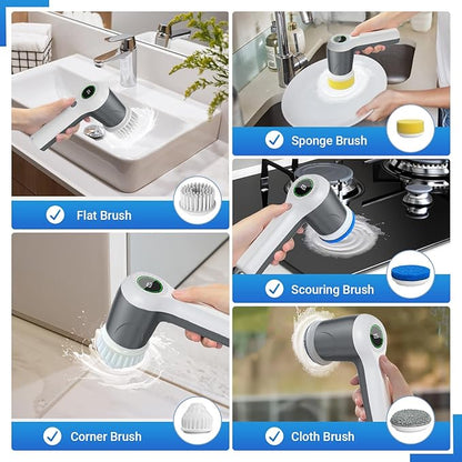 PUFTEM Electric Spin Scrubber, Cordless Shower Scrubber with Battery Level Display, 2 Speeds Electric Scrubber for Cleaning with 6 Replaceable Heads, Cleaning Brush for Bathroom/Sink/Window (Gray)