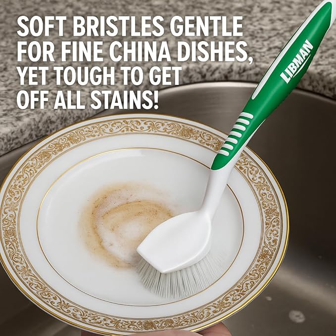 LIBMAN Dish Brush - Soft Bristle Cleaning Brush with Handle - 2 Pk Dish Scrub Brushes with Scraper for Dishwashing Dishes, Pots, Pans, Glassware - Non-Slip Comfort Grip Handle