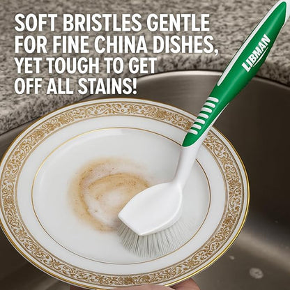 LIBMAN Dish Brush - Soft Bristle Cleaning Brush with Handle - 2 Pk Dish Scrub Brushes with Scraper for Dishwashing Dishes, Pots, Pans, Glassware - Non-Slip Comfort Grip Handle