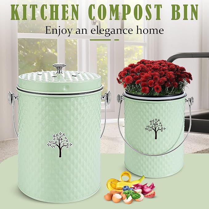 AOSION Countertop Compost Bin Kitchen，Odorless Indoor Compost Bin with Lid and 50 Pack Compost Bags,Compost Bucket Composter Container for Food Waste,Green