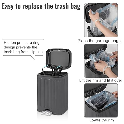 rejomiik Small Bathroom Trash Can with Lid 2.1 Gallon Soft Close Step Slim Garbage Can Waste Bin for Office, Bedroom, Kitchen, Dark Gray