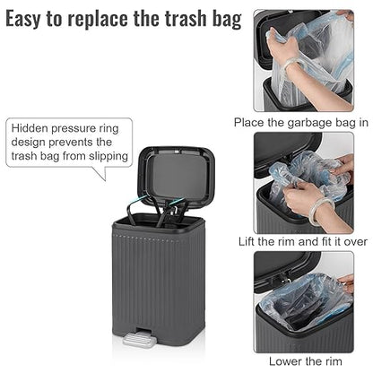 rejomiik Small Bathroom Trash Can with Lid 2.1 Gallon Soft Close Step Slim Garbage Can Waste Bin for Office, Bedroom, Kitchen, Dark Gray