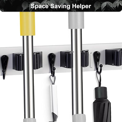 FunCee Broom Holder Wall Mount With 5 Slots & 4 Hooks，Rustic Wood Broom & Mop Hanger，Wall Mounted Garden & Garage Tool Storage Organizer Rack for Closet Laundry Room or Kitchen Wall Decor White