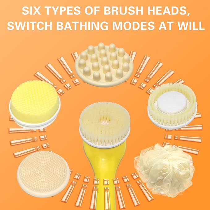 Electric Body Brush Set for Showering,Exfoliating Bath Brush Long Handle for Shower Lotion Applicator for Back Silicone Body Scrubber with 6 Shower Brush Heads for Women Men Gifts (Yellow)
