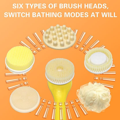 Electric Body Brush Set for Showering,Exfoliating Bath Brush Long Handle for Shower Lotion Applicator for Back Silicone Body Scrubber with 6 Shower Brush Heads for Women Men Gifts (Yellow)