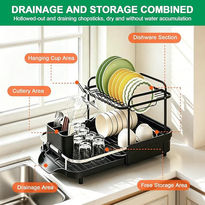 Dish Drying Rack for Kitchen Counter, 2 Tier Large Expandable Dish Drainer with Drainboard Set and Removable Utensil Holder, Space-Saving Countertop Organizer