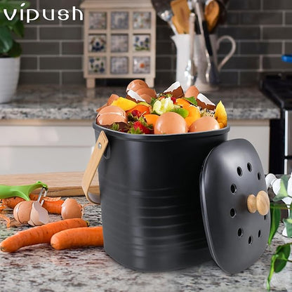 Vipush Compost Bin Kitchen Countertop Compost Bin with lid – Small Compost Bin Made of Sustainable Bamboo Fiber Includes Charcoal Filter, Black