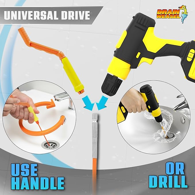 FlexiSnake Drain Weasel PowerSnake Drain Hair Clog Remover Tool – Plumbing Snake Auger for Cleaning Shower, Tub, Bathroom with Drill Connector, Rotating Handle and 3 Wands, 36 Inches Long Made in USA