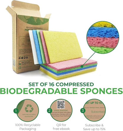 AIRNEX Compressed Cellulose Sponges - 16 Pack Natural Pop Up Dish Sponge for Kitchen - Compostable Plant-Based Cleaning Sponges Bulk – Non Scratch Natural Sponge for Dishes & Household Cleaning