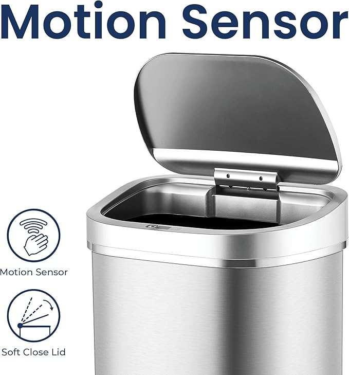 Ninestars DZT-80-35 Deluxe Automatic Touchless Infrared Motion Sensor Trash Can, 21 Gal 80L, Heavy Duty Stainless Steel Base (Oval, Silver/Brush Lid) Trashcan, Ss