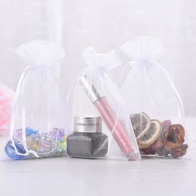 100 Pcs 5x7 inch Gift Wrap Bags, Organza Sheer Clear Tulle Fabric, White Drawstring Sachet for Baby Shower Favor, Birthday Party Favor, Bachelorette Party, Girls Graduation,Small Votive Candles,Marble