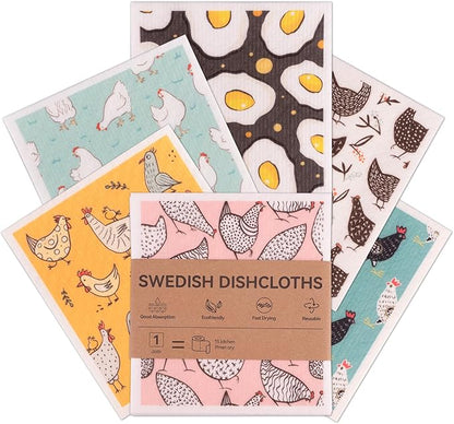 Polly Online Swedish Dishcloths for Kitchen,6 Pack Cloth Paper Towels Reusable Washable,Super Absorbent Dish Towels,No Odor,Biodegradable,Chicks Design