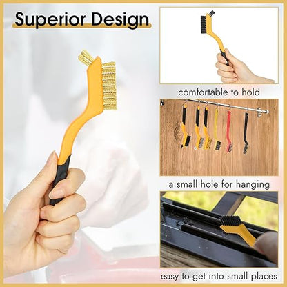 6 Pieces Wire Brushes Set, Small Metal Brass Brush, Stainless Steel Brush, Nylon Brushes for Cleaning Metal Rust and Paint Removal (Yellow+3 Mixed Color, L)