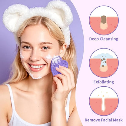 100-Count Compressed Facial Sponges, Heart Shape Face Sponge for Cleansing, Natural Cosmetic Spa Sponges for Facial Cleansing, Exfoliating Mask (Purple Heart Sponges)