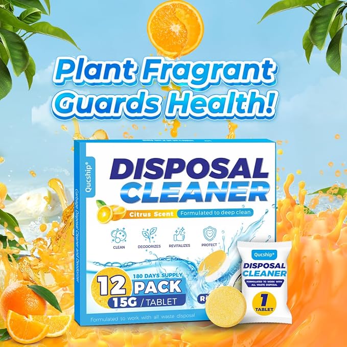 Garbage Disposal Cleaner Tablets - 12 Pack, XXL Foaming Disposal Cleaner - Powerful Deep Cleaning & Grease Remover, Septic Safe Kitchen Sink Drain Care for Maintenance