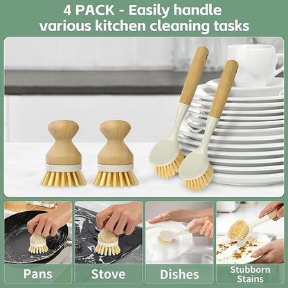 4 PCS Kitchen Dish Scrub Brush Set - Dish Scrubber Brush with Long Handle Build-in Scraper for Stubborn Stains, Kitchen Scrub Bushes with Durable Bristle for Pots, Pans