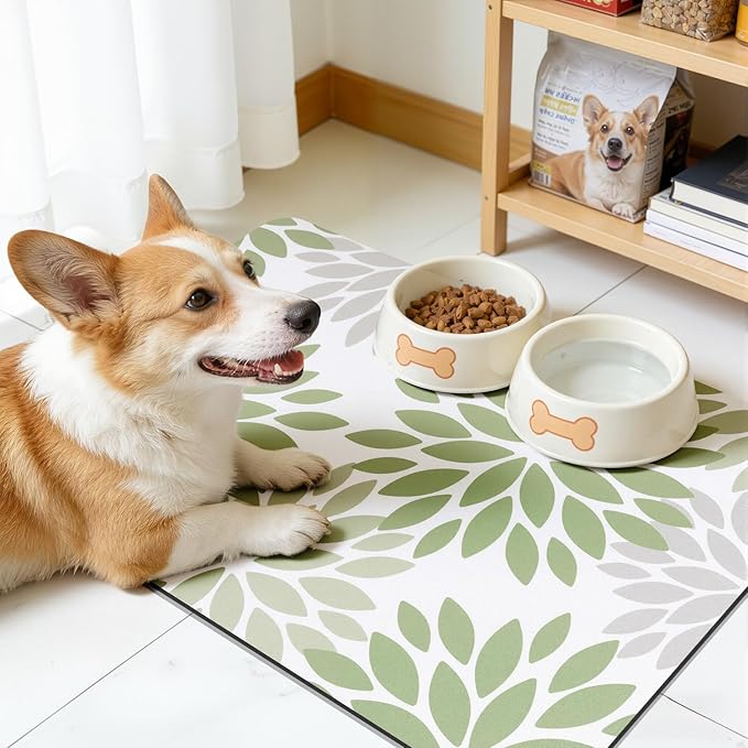 Findosom Floral Dish Drying Mat, 17" x 32" Super Absorbent & Hide Stain Coffee Mat, Cuttable Drying Mat for Kitchen Counter, Under Dish Rack, Coffee Maker, Espresso Machine, Sage Green