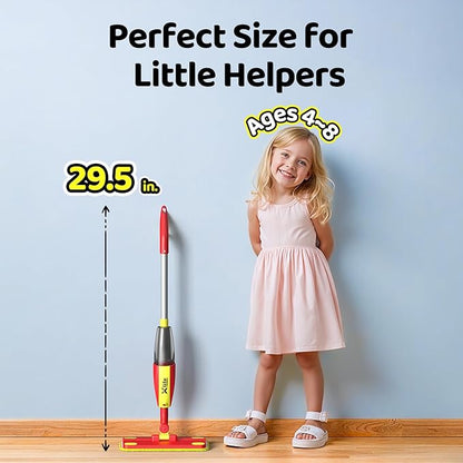 Xlife Kids Spray Mop Set - Montessori Toy for Ages 4-8 Real Water Sprayer & Sweeper Combo, Pretend Play Housekeeping Kit, Washable Pads (Red)