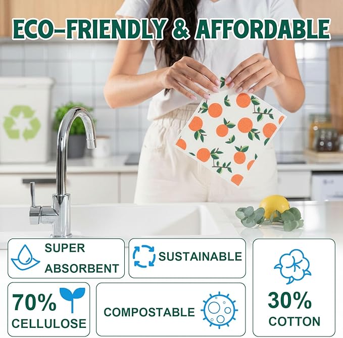Swedish Dishcloths for Kitchen, 6 Pack Swedish Dish Cloths, Reusable Paper Towels, Washable Kitchen Cloth, 100% Biodegradable, Super Absorbent, Quick Drying