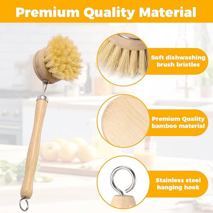 Bamboo Dish Brush Set, 5 Pcs Wooden Kitchen Scrubber – Long Handle Dish & Cup Brush, Short Handle Sisal & Coarse Brown Brush, Includes Square Tray, Ergonomic Natural Cleaning Kit for Pots Pans Bottles