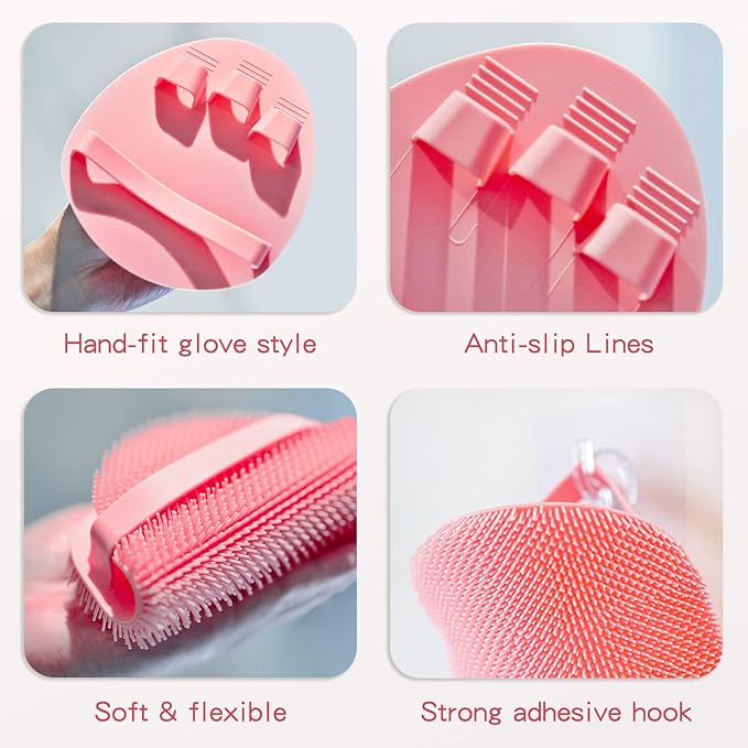 Manmihealth Silicone Back Scrubber & Soft Bath Glove, Silicone Scalp Massager Set 5 PCS, Super-Exfoliating Body Scrubber Shower Brush & Shampoo Brush Combination, with 2 Free Hooks (Style 1 Pink)