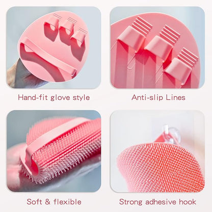 Manmihealth Silicone Back Scrubber & Soft Bath Glove, Silicone Scalp Massager Set 5 PCS, Super-Exfoliating Body Scrubber Shower Brush & Shampoo Brush Combination, with 2 Free Hooks (Style 1 Pink)