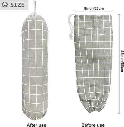 SYIPO Plastic Bag Holder, Wall Mount Organizer, Shopping Bags Carrier, Washable Large Grocery Storage Dispenser for Home Kitchen Travelling, Free Adjustment with Drawstring (Check Gray)