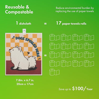 Swedish Dishcloths for Kitchen, 6 Pack Cute Dog Swedish Dish Towels with Clips, Reusable Paper Towels Washable Non-Scratch Super Absorbent Cellulose Sponge Cloths, Biodegradable No Odor