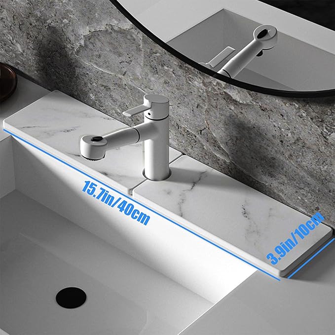 Kitchen Sink Faucet Mat, Diatomaceous Earth Quick Dry Sink Splashback Drying Mat, Kitchen Faucet Super Absorbent Mat, Quick-Drying Water Absorbing Stone Tray (Marble, 15.7" x 3.9")