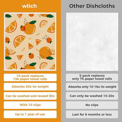 wlich 10PCS Swedish Dishcloths for Kitchen, Reusable Paper Towels Washable, Dish Rags for Washing Dishes with Clips, Non-Scratch Kitchen Towels and Dishcloths Sets, Dish Cloths, No Odor(Fruit)