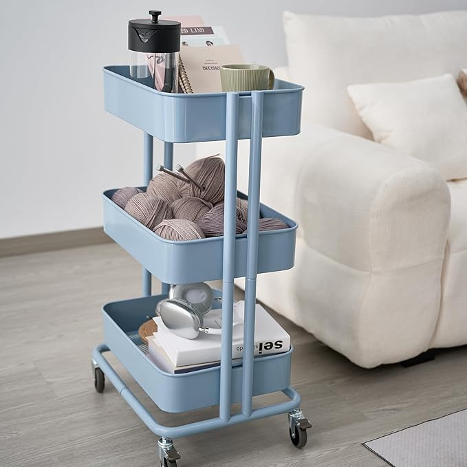 3 Tier Rolling Cart Metal Heavy Duty Utility Cart with Silent Caster Lockable Wheels Multi-Functional Organization Carts Storage Trolley with Mesh Shelves for Office Kitchen Living Room Blue
