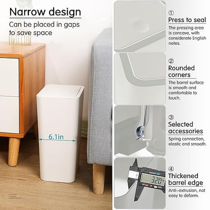 2.65-gallon/10-liter Push-Button Trash can with lid + 100 Trash Bags. Features pet-Proof, Odor-Proof, and Quiet-Closing Functions; Suitable for bedrooms, bathrooms, Kitchens, and Offices (White)