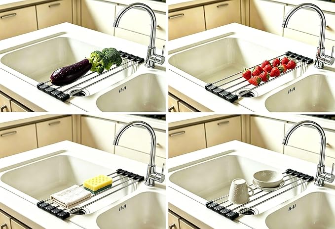 Ahyuan Roll up Dish Drying Rack Over The Sink Kitchen Roll up Sink Drying Rack Portable Dish Drainer Foldable Dish Drying Rack (Black, 17.8''X3.7'')