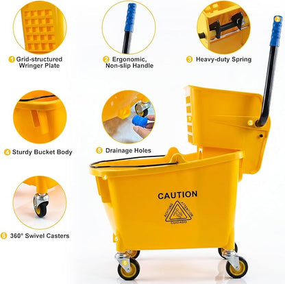 Chasesun 35 Quart Commercial Mop Bucket with Side Press Wringer on Wheels, Industrial Mop and Bucket Set with Loop-End Mop Head, Gloves and Microfiber Cloth, Heavy Duty Yellow Janitorial Cleaning Cart