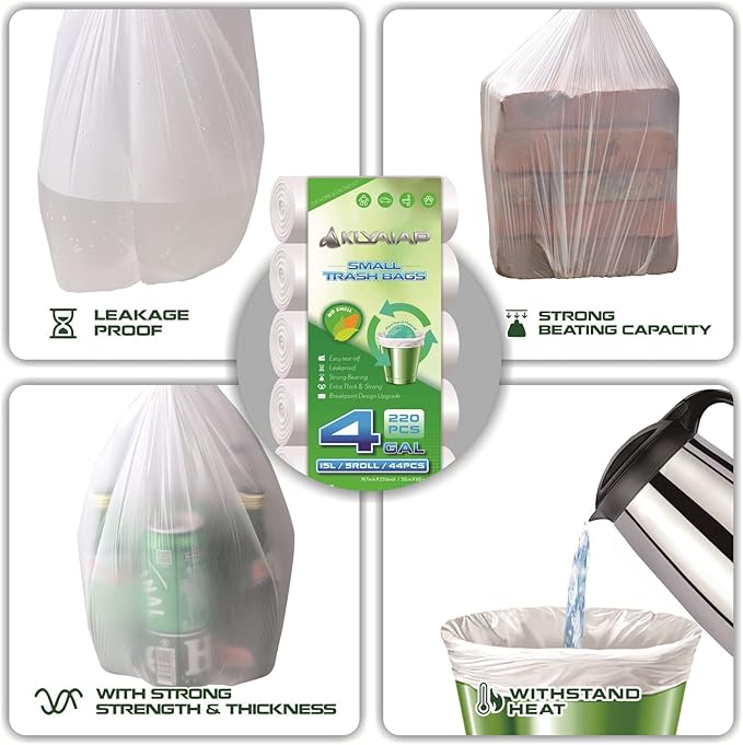 220 Counts Aklyaiap 4 Gallon Trash Bag,Tear & Leak Resistant Bathroom Biodegradable Small Garbage Can Bags Unscented for Home & Kitchen, 5Rolls, White