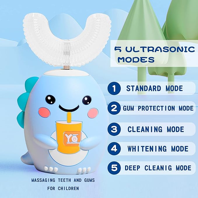 DYCROL Kids U Shaped Electric Toothbrush with 4 Brush Heads, Sonic Toothbrush Kids with 5 Modes, Cartoon Dinosaur 360-Degree Cleaning IPX7 Waterproof Design (2-6 Age (Blue))