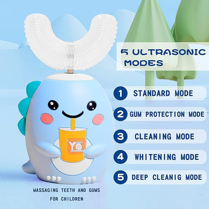 DYCROL Kids U Shaped Electric Toothbrush with 4 Brush Heads, Sonic Toothbrush Kids with 5 Modes, Cartoon Dinosaur 360-Degree Cleaning IPX7 Waterproof Design (6-12 Age (Blue))