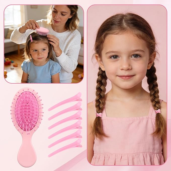 ProSuites 76 Pcs Pink Hair Brush Set for Baby Girls - Scalp Scrubber with Handle, Detangle Hair Brush, Spray Bottle, Slick Back Brush Set Wide Tooth Mini Wet Brushes for Travel Home Use
