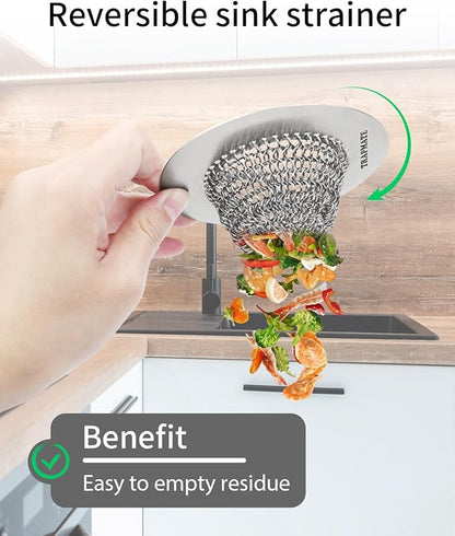 TRAPMATE Kitchen Sink Drain Strainer, Reversible Chain Mesh Sink Strainer, 304 Stainless Steel Anti-Clogging & Easy Clean Sink Strainer Basket, Fits US Standard Kitchen Sink Drains, Dishwasher Safe